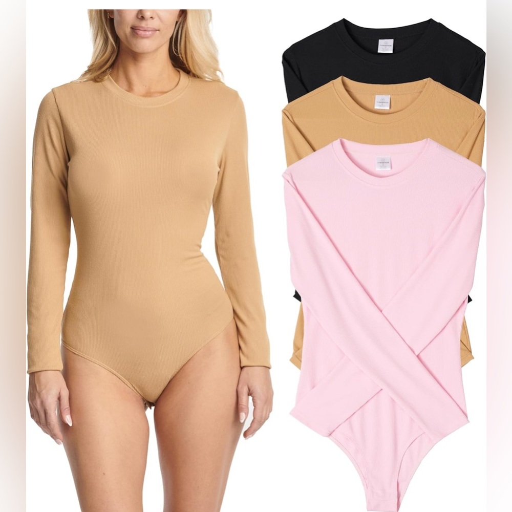 Real Essentials 3 Pack: Women Round Neck Long Sleeve Ribbed Bodysuit Shirts